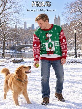 Peanuts Snoopy Red Baron Christmas Sweater Mens 3XL Green Red Fair Isle Camp